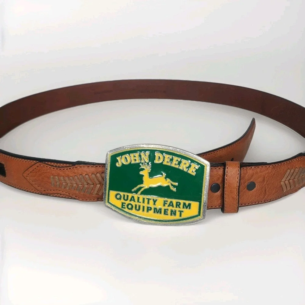 John Deere Leather Men's‎ Belt Size 46 Deer Logo Calf Hair Accents Green Yellow